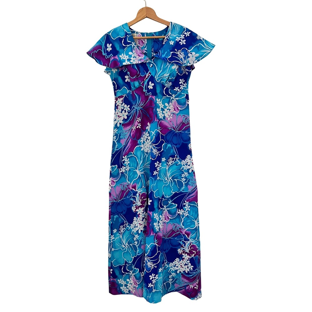 Vintage Hukilau Fashions Honolulu Hawaiian Maxi Dress Blue Floral Cape Collar